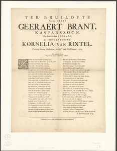 Ter bruilofte van den heere Mr. Geeraert Brant, Kasparszoon, der beide rechten leeraer, en jongvrouwe Kornelia van Rixtel. Vereenigt binnen Amsterdam, den 27sten van Herfst-maent, 1713