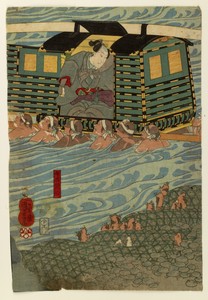 Teranishi Kanshin in kago is carried across river, Nakano Tobei fights on bank