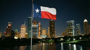 Texas Flag Over City Skyline