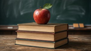 Textbooks and Apple on Desk