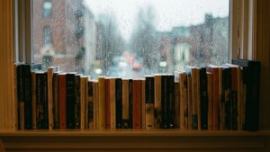 Textbooks through Rainy Window