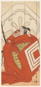 The Actor Ichikawa Danjuro V in a "Shibaraku" Role, Probably as Kato Hyoeisa Shigemitsu, in the Third Scene of the Play Masakado Kammuri no Hatsuyuki (The First Snow on Taira no Masakado's Court Headdress), Performed at the Nakamura Theater in the Eleventh Month, 1777