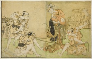 The Actors Bando Zenji I as Nagahashi Saburo, Iwai Hanshiro IV as Otatsu-gitsune, Nakamura Konozo as Hagai Ujitsune, and an Unidentified Actor (right to left), in the Play Nue no Mori Ichiyo no Mato, Performed at the Nakamura Theater in the Eleventh Month, 1770