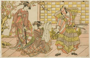 The Actors Ichikawa Danjuro V as Miura Kunitae (right), Segawa Kikunojo III as Yasukata (center), and Iwai Hanshiro IV as Utou (left), in the Play Godai Genji Mitsugi no Furisode, Performed at the Nakamura Theater in the Eleventh Month, 1782