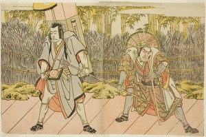 The Actors Ichikawa Danzo IV as Arakawa Taro Takesada Disguised as the Palanquin Bearer Tarobei (right), and Ichikawa Danjuro V as Abe no Sadato Disguised as the Pilgrim Kuriyagawa Jirodayu (left), in the Play Godai Genji Mitsugi no Furisode, Performed at the Nakamura Theater in the Eleventh Month, 1782
