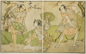 The Actors Ichikawa Somegoro (right), Segawa Kikunojo II (center), and Bando Sampachi (left), in Unidentified Roles in the Play Myoto-giku Izu no Kisewata, Performed at the Ichimura Theater in the Eleventh Month, 1770