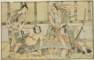 The Actors Ichikawa Yaozo II as Kujaku no Saburo, Matsumoto Koshiro II as Hata no Daizen Taketora, Nakajima Mihoemon II as Aramaki Mimishiro, and Nakamura Shocho I as Ki no Tsurayuki (right to left), in the Play Kuni no Hana Ono no Itsumoji, Performed at the Nakamura Theater in the Eleventh Month, 1771