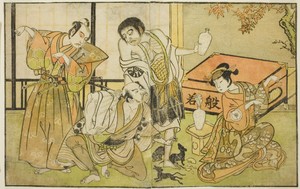 The Actors Iwai Hanshiro IV as Otatsu-gitsune, Nakamura Nakazo I as Raigo Ajari, Sakata Tojuro III as Kamada Gon-no-kami Masayori, and Ichikawa Yaozo II as Sakon-gitsune (right to left), in the play "Nue no Mori Ichiyo no Mato," performed at the Nakamura Theater in the eleventh month, 1770