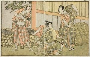 The Actors Kasaya Matakuro II as Hagun Taro (right), Ichikawa Monnosuke II as Izutsu no Suke Narihira (center), and Nakamura Nakazo I as Kose no Kanaoka Disguised as Sogoro the Charcoal Maker, in the Play Kuni no Hana Ono no Itsumoji, Performed at the Nakamura Theater in the Eleventh Month, 1771