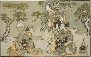 The Actors Nakamura Nakazo I as Matsukaze (right), Ichikawa Komazo II as Ariwara no Yukihira (center), and Iwai Hanshiro IV as Murasame (left), in the Play Kuni no Hana Ono no Itsumoji, Performed at the Nakamura Theater in the Eleventh Month, 1771
