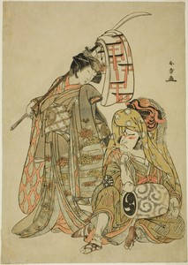 The Actors Nakamura Nakazo I as Onmaya Kisanda Dressed as Kakubei the Lion Dancer (Kakubei-jishi) (right) and Segawa Kikunojo III as Shizuka Gozen (left), in the Dance Sequence "Myoto-zake Kawaranu Nakanaka" (Everlasting Harmony of the Marital Cup), from the Second Part of the Play Chigo Torii Tobiiri Kitsune (Heavenly Child—The Fox Leaps Through the Shrine Gate), Performed at the Ichimura Theater in the Eleventh Month, 1777