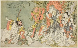 The Actors Sawamura Kijuro I as Ikazuchi Shinno, Prince of Thunder (far left), Ichikawa Danjuro V as the Buddhist Deity Fudo (second from left), Nakamura Sukegoro II as Seitaka Doji (second from right), and Bando Mitsugoro I as Kongara Doji (far right), in the Play Fuki Kaete Tsuki mo Yoshiwara (Rethatched Roof: The Moon also Shines Over the Yoshiwara Pleasure District), Performed at the Morita Theater in the Eleventh Month, 1771