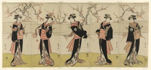 The Actors Segawa Kikunojo III as Karigane Obun, Nakayama Tomisaburo I as An no Oyasu, Iwai Kiyotaro II as Kaminari no Osha, Nakayama Tatezo I as Gokuin no Osen, and Ichikawa Monnosuke II as Hotei no Oichi (right to left), in "Gonin Onna," Scene One of the Play Waka Murasaki Edokko Soga, Performed at the Ichimura Theater in the Second Month, 1792