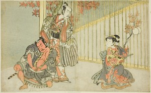 The Actors Yamashita Kinsaku II as Mutsuhana (right), Bando Mitsugoro I as Kashiwagi no Emon (center), and Nakamura Sukegoro II as Akamatsu Mushanosuke (left), in the Play Fuki Kaete Tsuki mo Yoshiwara (Rethatched Roof: The Moon also Shines Over the Yoshiwara Pleasure District), Performed at the Morita Theater in the Eleventh Month, 1771