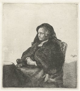 The artist's mother seated at a table, looking right: three quarter length