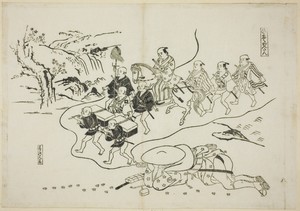 The Courier Kantan dreaming of Himself as a Daimyo (Hikyaku Kantan: yume no daimyo), no. 8 from a series of 12 prints depicting parodies of plays