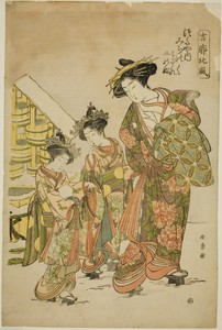 The Courtesan Michinoku of the Tsutaya House with her Kamuro Midare and Shinobu, from the series "Kikkaku Hokufu"