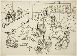 The Dressing Room of a Puppet Theater, the table of contents from the series "Famous Scenes from Japanese Puppet Plays (Yamato irotake)"