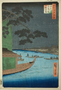 The Pine of Success and Onmayagashi, Asakusa River (Asakusagawa shubi no matsu Oumayagashi), from the series One Hundred Views of Edo (Meisho Edo Hyakkei)