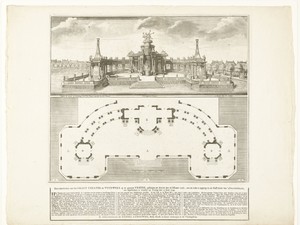 Theater te Den Haag voor het vuurwerk voor de Vrede van Aken, 1749