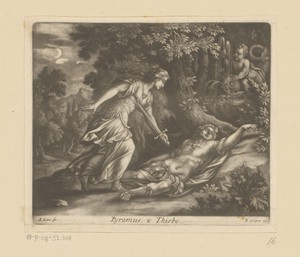 Thisbe doodt zichzelf met het zwaard van Pyramus