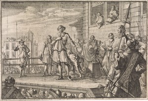 Thomas Wentworth, graaf van Strafford spreekt het volk toe vanaf het schavot, 1641