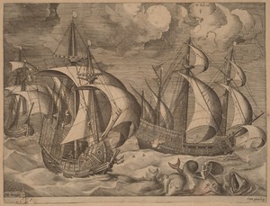 Three Caravels in a Rising Squall with Adrion on a Dolphin