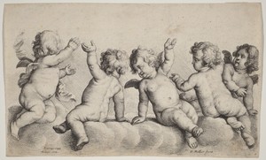 Three Cherubs and Two Boys on Clouds