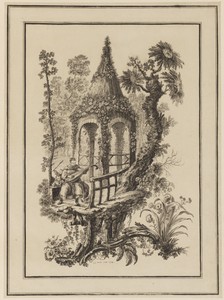 Three Figures In Front of Structure with Trees
