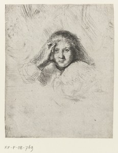 Three heads of women, one lightly etched