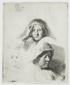 Three heads of women, one lightly etched