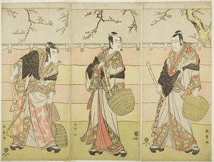 Three Komuso Monks: The Actors Ichikawa Ebizo (Danjuro V) as Kudo Suketsune (right), Ichikawa Monnosuke II as Soga no Juro Sukenari (center), and Ichikawa Omezo I as Soga no Goro Tokimune (left), in Act Six of the Play Waka Murasaki Edokko Soga (Pale Purple Soga, Edo Style), Performed at the Ichimura Theater from the Twenty-third Day of the First Month, 1792