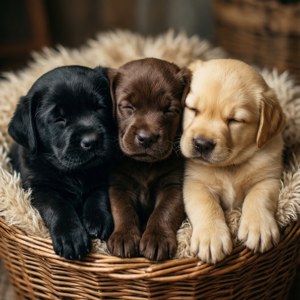 Three Labrador Puppies in Basket