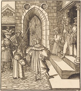 Three Men and a Boy in the Court of a Castle, to the Right Three Men on a Staircase