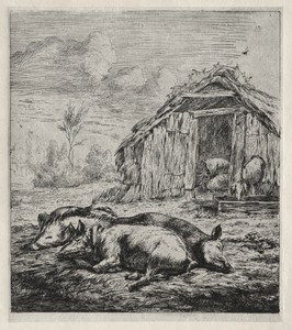 Three Swine Lying in Front of a Sty
