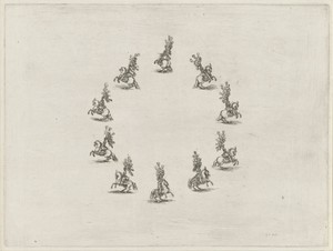 Tien ruiters te paard in een cirkel