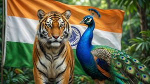 Tiger and Peacock with Flag