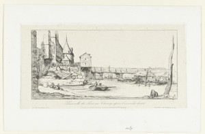 Tijdelijke voetgangersbrug op plaats van Pont-au-Change na de brand van 1621 in Parijs