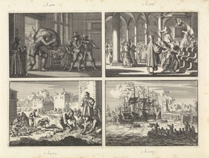 Tijdens het beleg van La Rochelle krijgt de weduwe van Prosui door een onbekende een zak graan gebracht, 1628 / De Margarethakerk te La Rochelle wordt opnieuw katholiek gewijd door preekstoel, pilaren en banken met roeden te geselen, 1628 / Hongersnood tijdens het beleg van La Rochelle, 1628 / Haven van Salé met de Engelse vloot en een sloep Turken, 1638