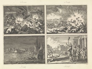 Tijdens het beleg van Riga ontploft een bom in een woning, 1656 / Ontploffing van een Frans kruitmagazijn tijdens het beleg van Namen, 1640 / Oostende door de Spanjaarden veroverd op de Fransen, 1658 / Hoofd van de gedode Masaniello wordt te Napels op een piek rondgedragen, 1647