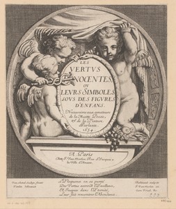 Titel in kader met slang vastgehouden door putti