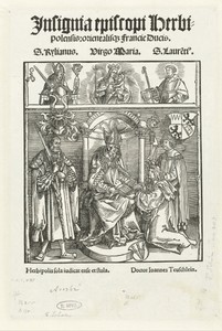 Titelblad met Johannes Teuschlein die zijn boek presenteert aan de bisschop van Würzburg