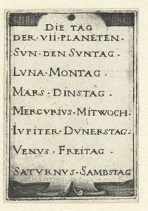 Titelblad met lijst van zeven dagen en de bijbehorende planeten
