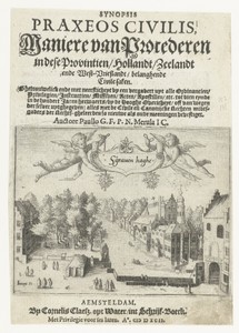 Titelblad van 'Maniere van Procederen' met een gezicht op de Vijverberg en het Binnenhof te Den Haag