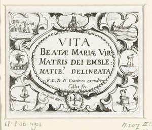 Titelblad voor de embleemserie 'Leven van Maria in emblemen'