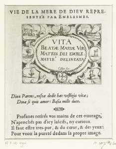 Titelblad voor de embleemserie 'Leven van Maria in emblemen'