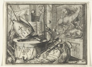 Titelblad voor het pamflet: Saamenspraak tusschen het Valies, de Myter, en het Bonnet, 1701
