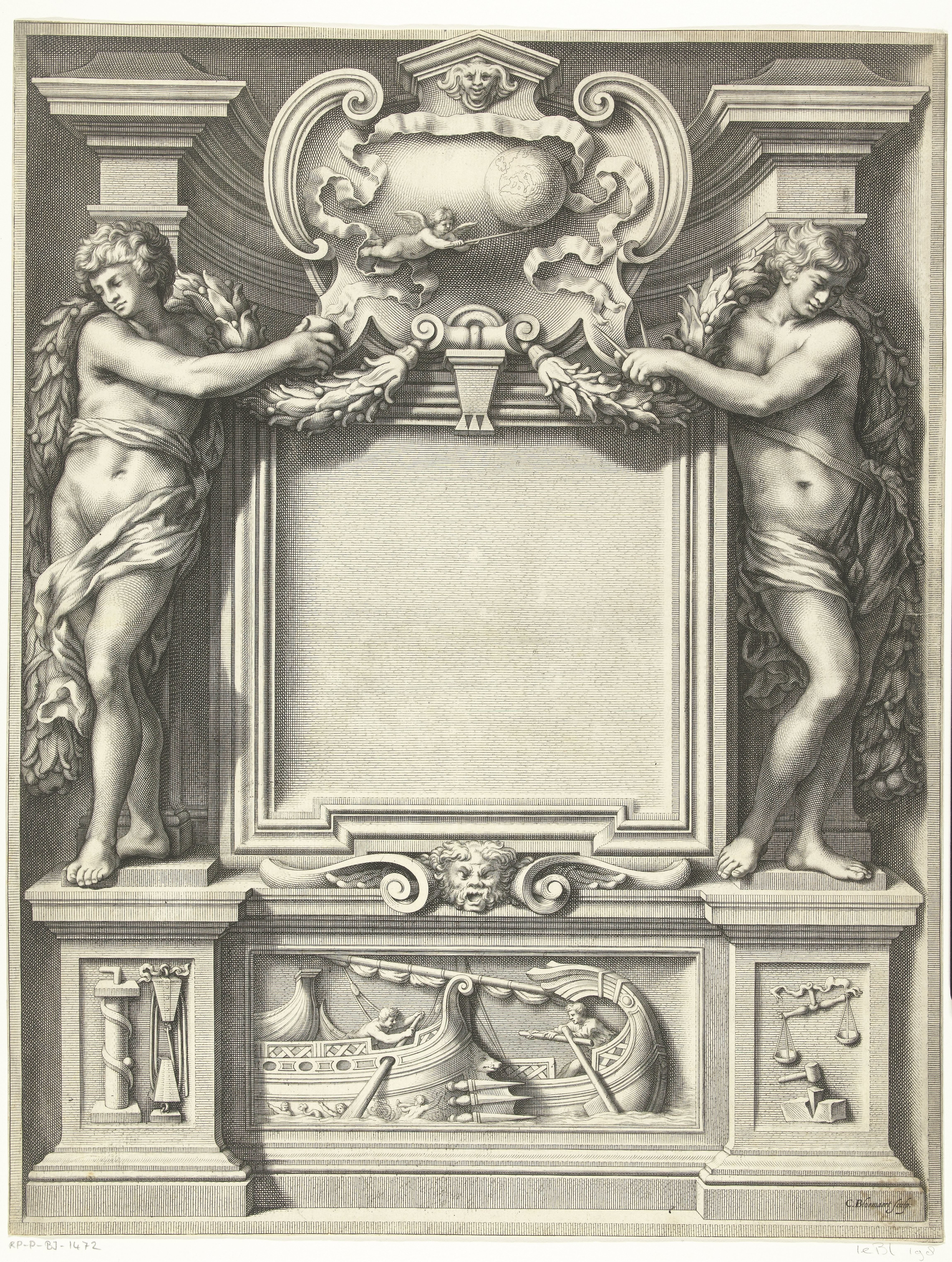 Titelpagina met twee naakte jongen met wetenschappelijke instrumenten by Cornelis Bloemaert (II)