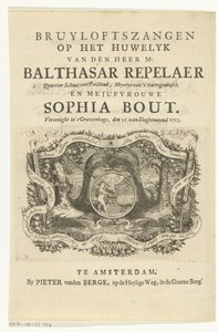 Titelpagina voor: Bruyloftszangen op het Huwelyk van den heer Mr. Balthasar Repelaer en Mejufvrouwe Sophia Bout, Amsterdam, 1713