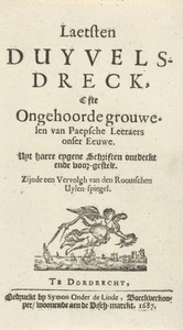 Titelpagina voor: J. Lydius, Laetsten duyvels-dreck, 1687